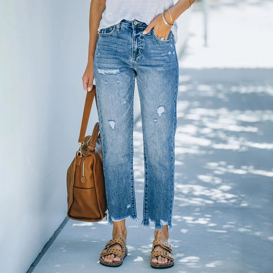 High Waist Ripped Denim Women Trousers Fashion Pants Casual Slim Cropped Straight Jeans Female Clothing S M L XL XXL