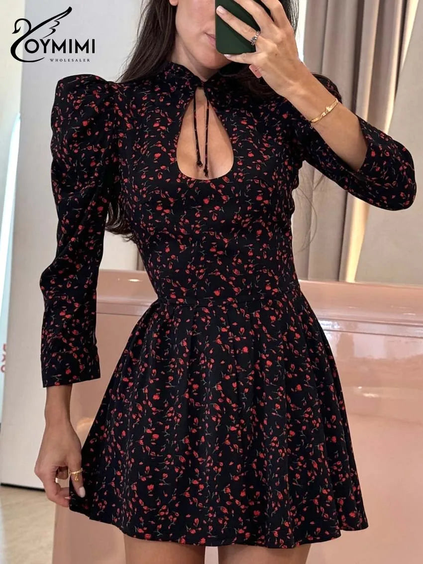 Oymimi Elegant Black White Womens Dresses Fashion Three Quarter Sleeve Hollow Out Dresses Casual High Waisted Mini Dress Female