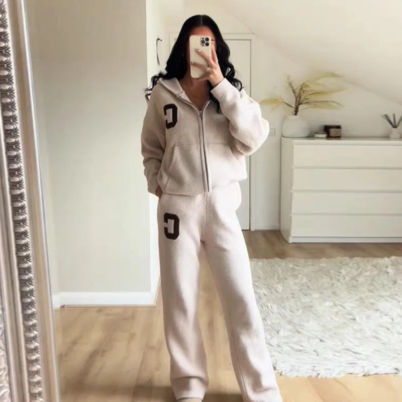 Letter Print Hooded Two Piece Set With Wide Leg Pants for Women