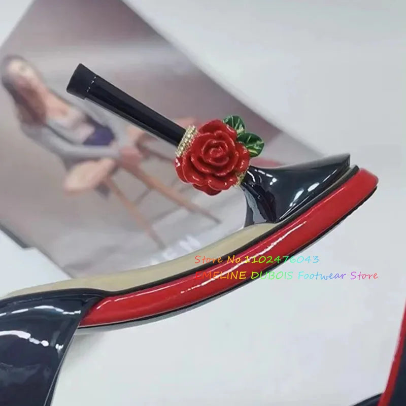 Jeweled Crystal Flower strange Heel Mules Women Leather Peep Toe Rose Decoration Slingback High Heel Slippers For Girl