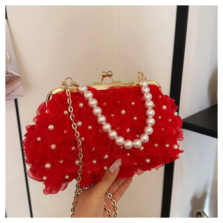 Pearl Floral Chain Evening Crossbody Bag