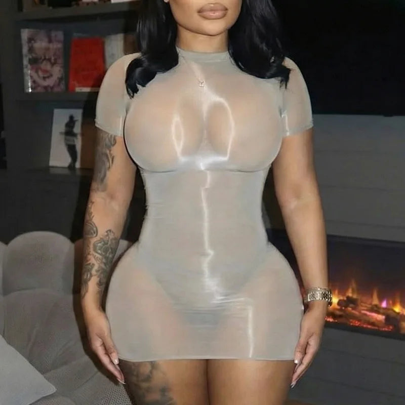 Sheer Short Sleeve Stretch Bodycon Mini Dress Solid Color for Women