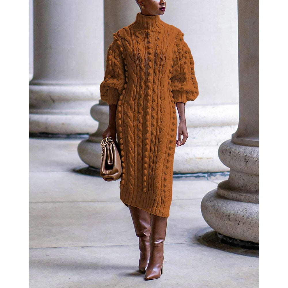 Autumn Women High Neck Twist Rope Lantern Sleeve Side Slit Knitted Sweater Dress New Fashion Femme Casual Dress Robe Clothing