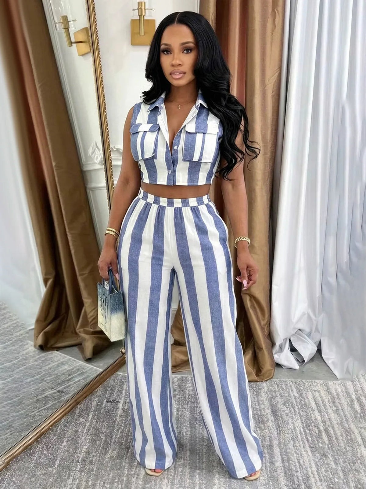 Striped Crop Top and Wide Leg Pants Two Piece Set for Women