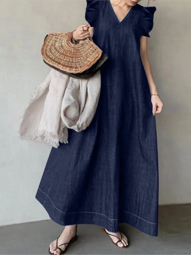 Bohemian Style V Neck Flutter Sleeve Denim Maxi Dress for Women