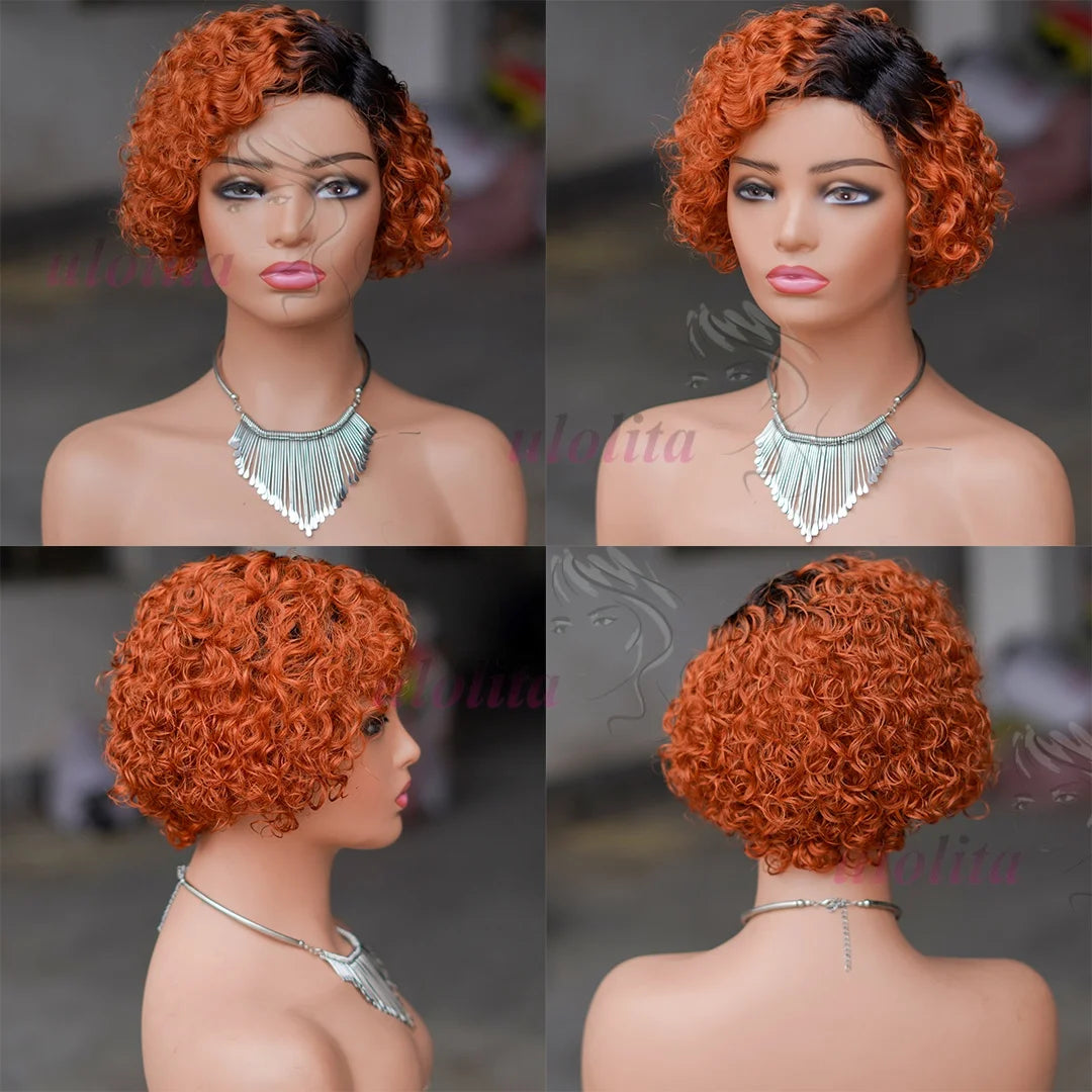 Ombre Pixie Cut Curly Bob Human Hair Wig for Women