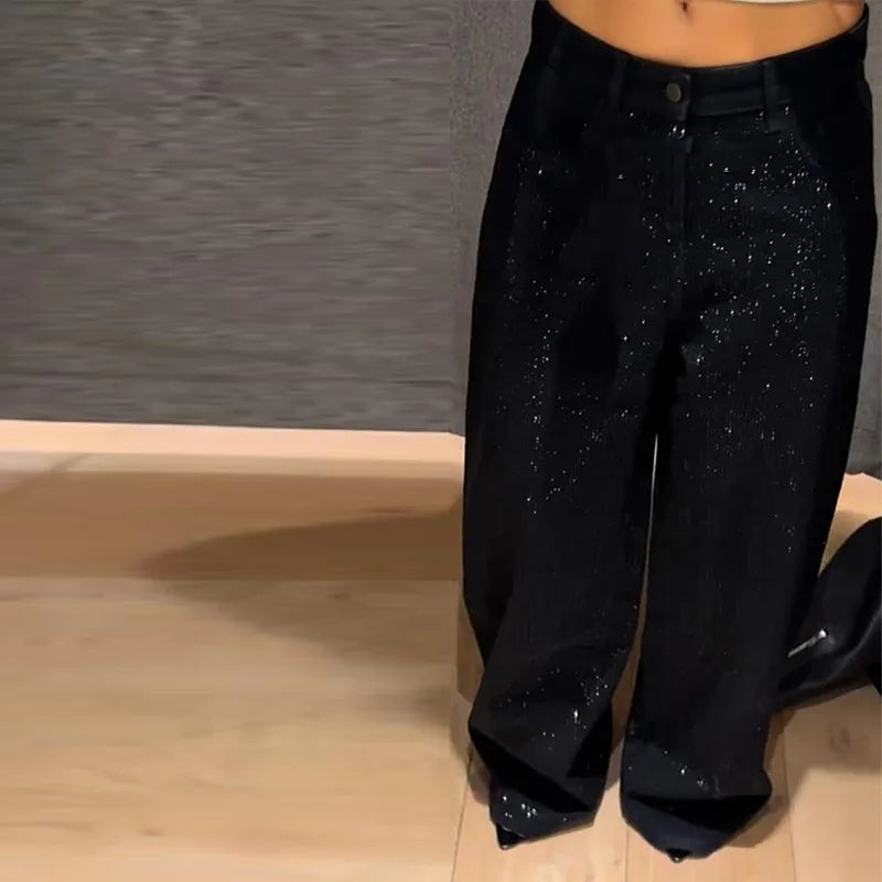 Sequined High Waist Wide Leg Pants with Pockets for Women