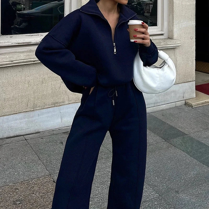 KUCLUT 2025 Autumn Fashion Sport Style Two-pieces Set For Women Half-Zip Pullover Sweatshirt Drawstring Long Casual Pants 1A1109