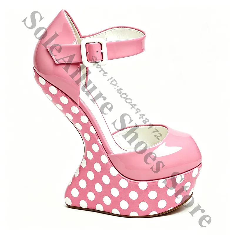 Glossy Polka Dot Buckle Strap Wedge Platform Sandals For Women