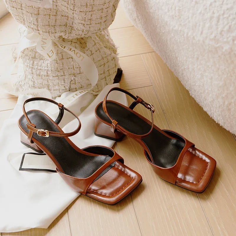 Summer Narrow Band Elegant Square Heel Sandals for Women