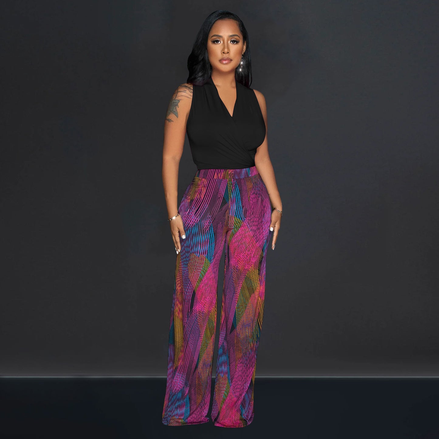 CM.YAYA Women's Set Wrap V-neck Tie Up Tank Top and Galaxy Striped Wide Leg Pants 2023 Street Two 2 Piece Sets Outfits Tracksuit