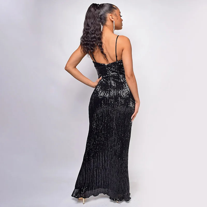 Glitter Sequin Spaghetti Strap Maxi Dress for Women