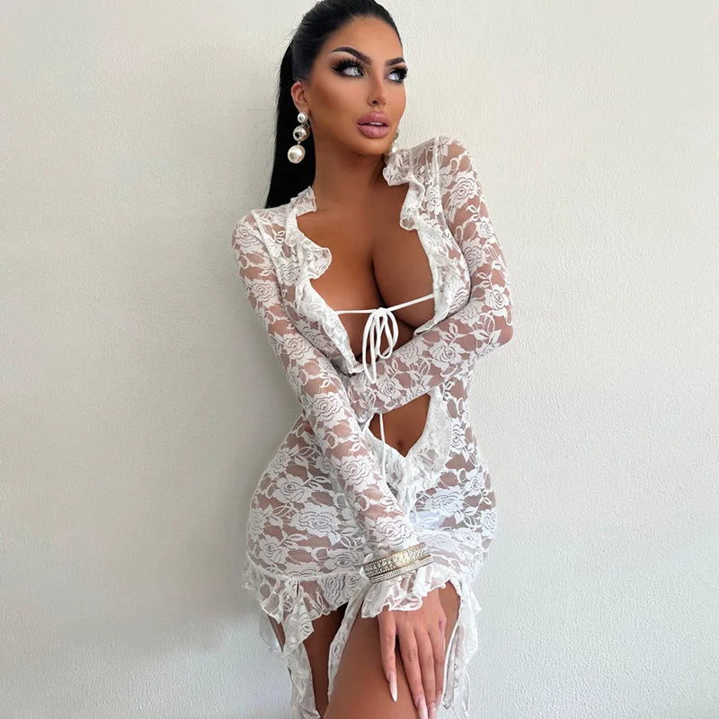 Tie Front Sheer Lace Trim Mini Dress