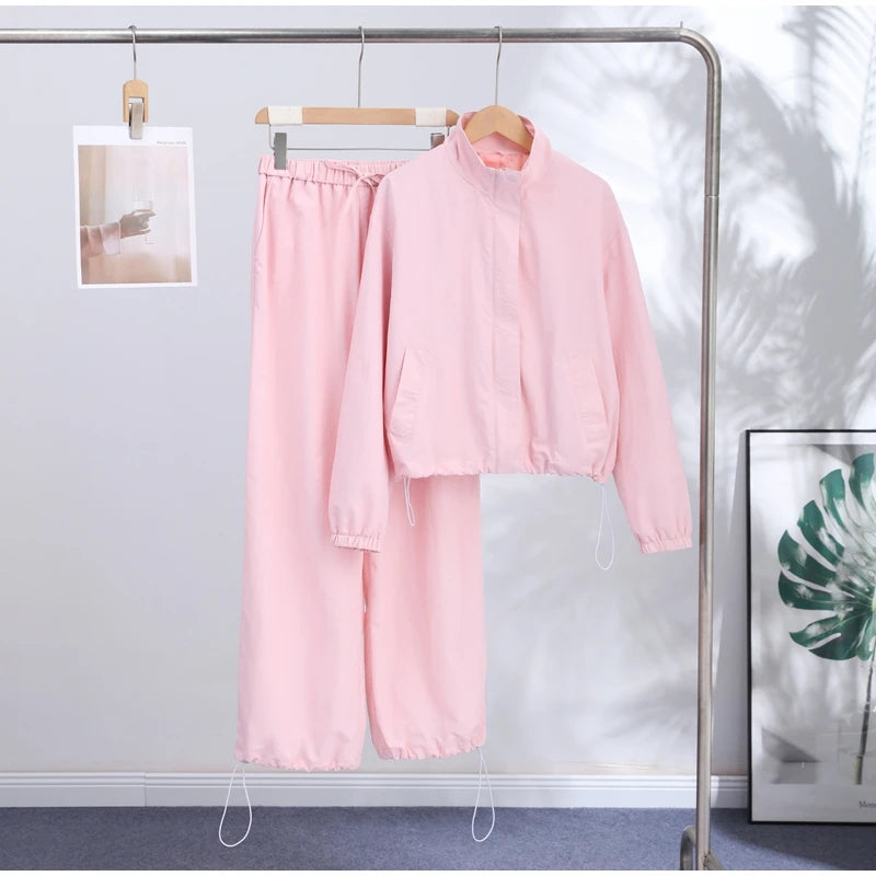 Solid Loose Suit Set with Stand Collar Crop Top and Drawstring Pants for Women