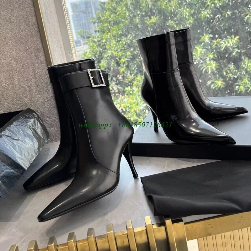 Elegant Black Square Toe Stiletto Side Zipper Boots For Women