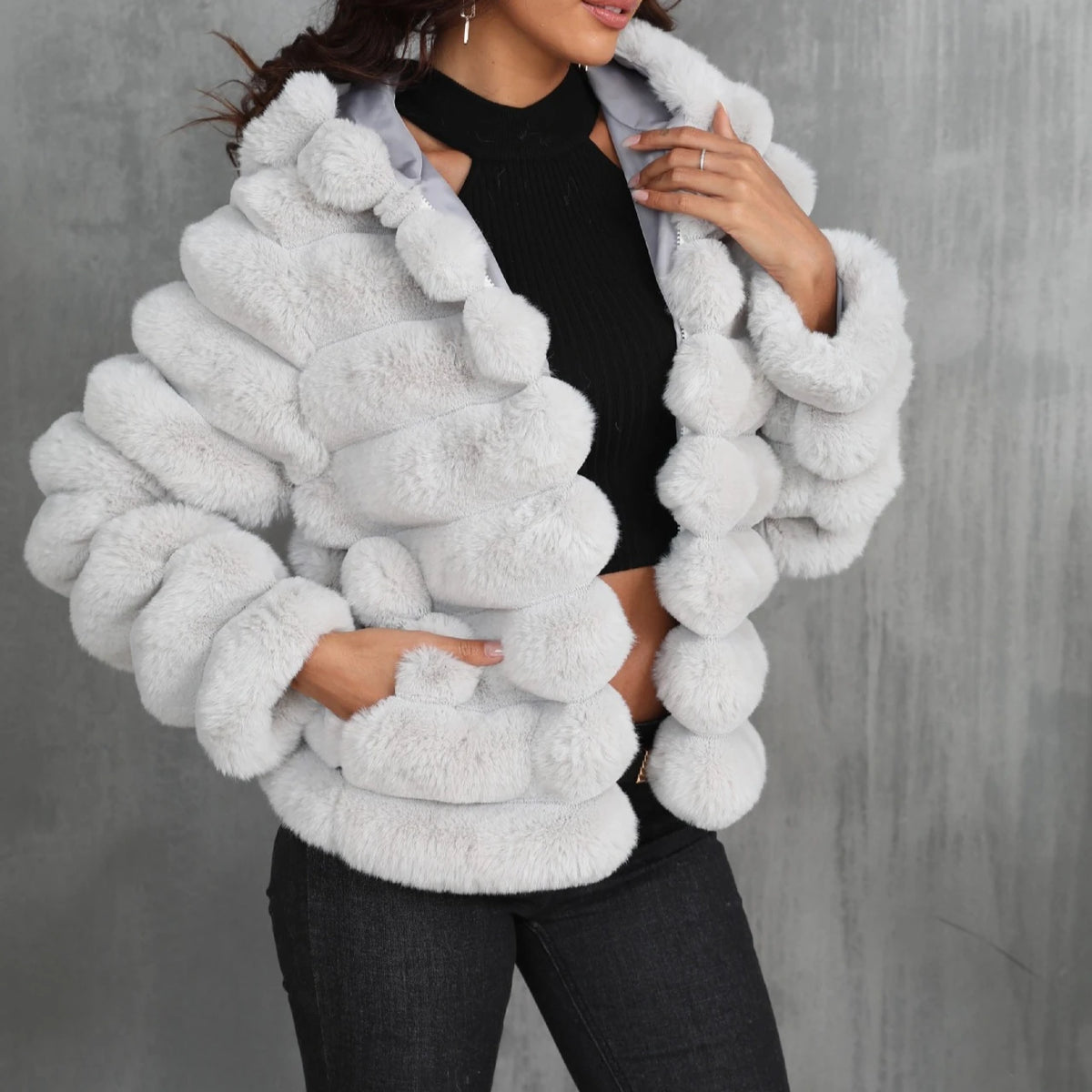 Warm Hooded Short Faux Fur Coat With Turn Down Collar for Women