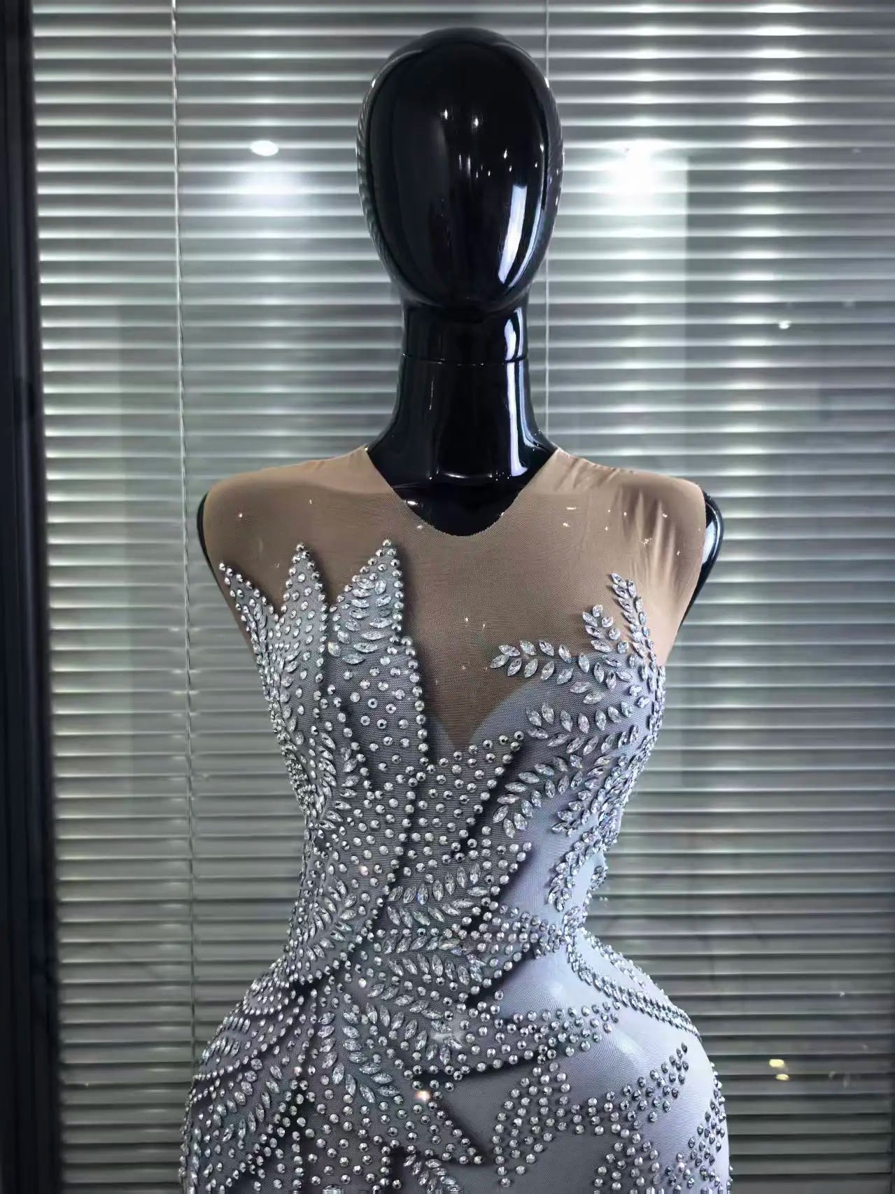 Sexy Mesh See Through Evening Prom Birthday Photo Shoot Singer Stage Outfit Luxury Rhinestone Sleeveless Silver Long Dress