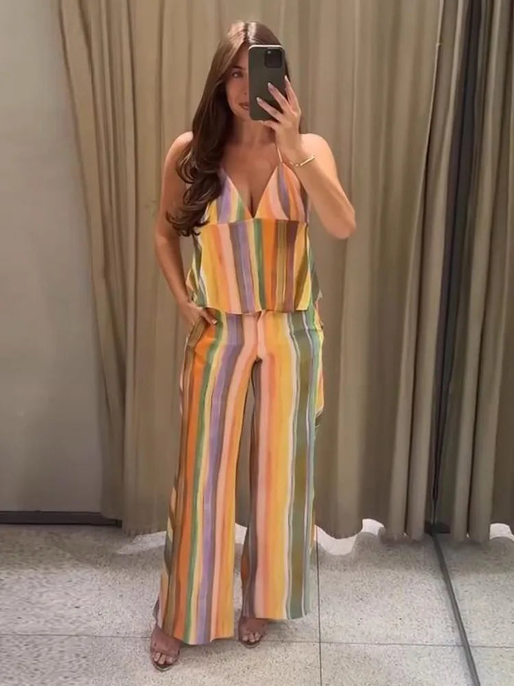 Cotton Striped High Waist Two Piece Summer Set For Women