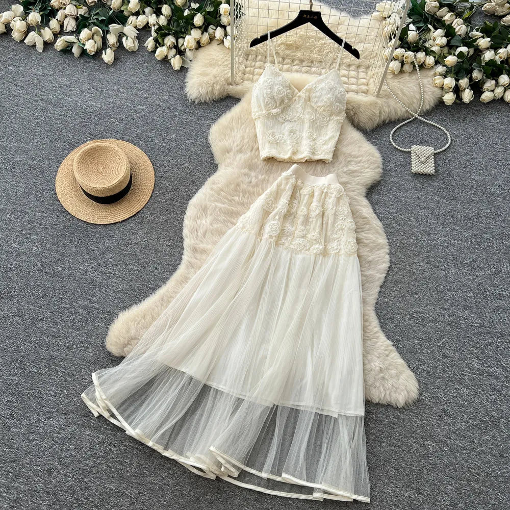 3D Floral Lace Camisole and Pleated Skirt Set for Women