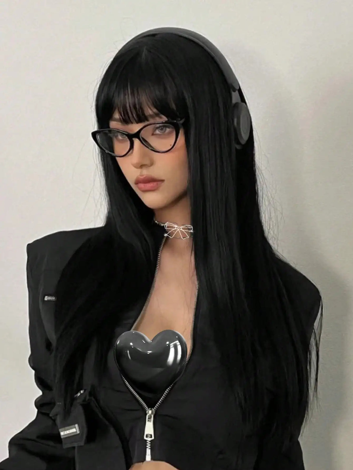 Long Straight Black Synthetic Wig With Bangs for Women