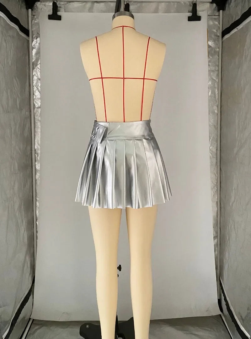 Silver Faux Leather Pleated Mini Skirt With Buckle Belt for Women