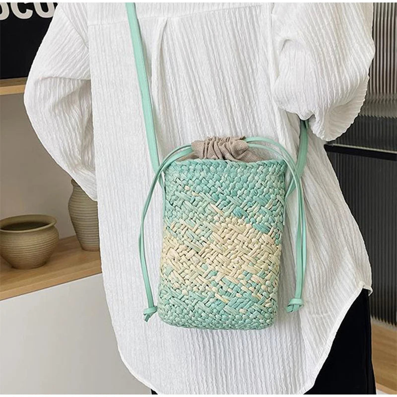Brand Gradient Raffia Crossbody Bag Straw Drawstring Bohemian Summer Beach Travel Design Shoulder Bag Shop Basket Crossbody Bag