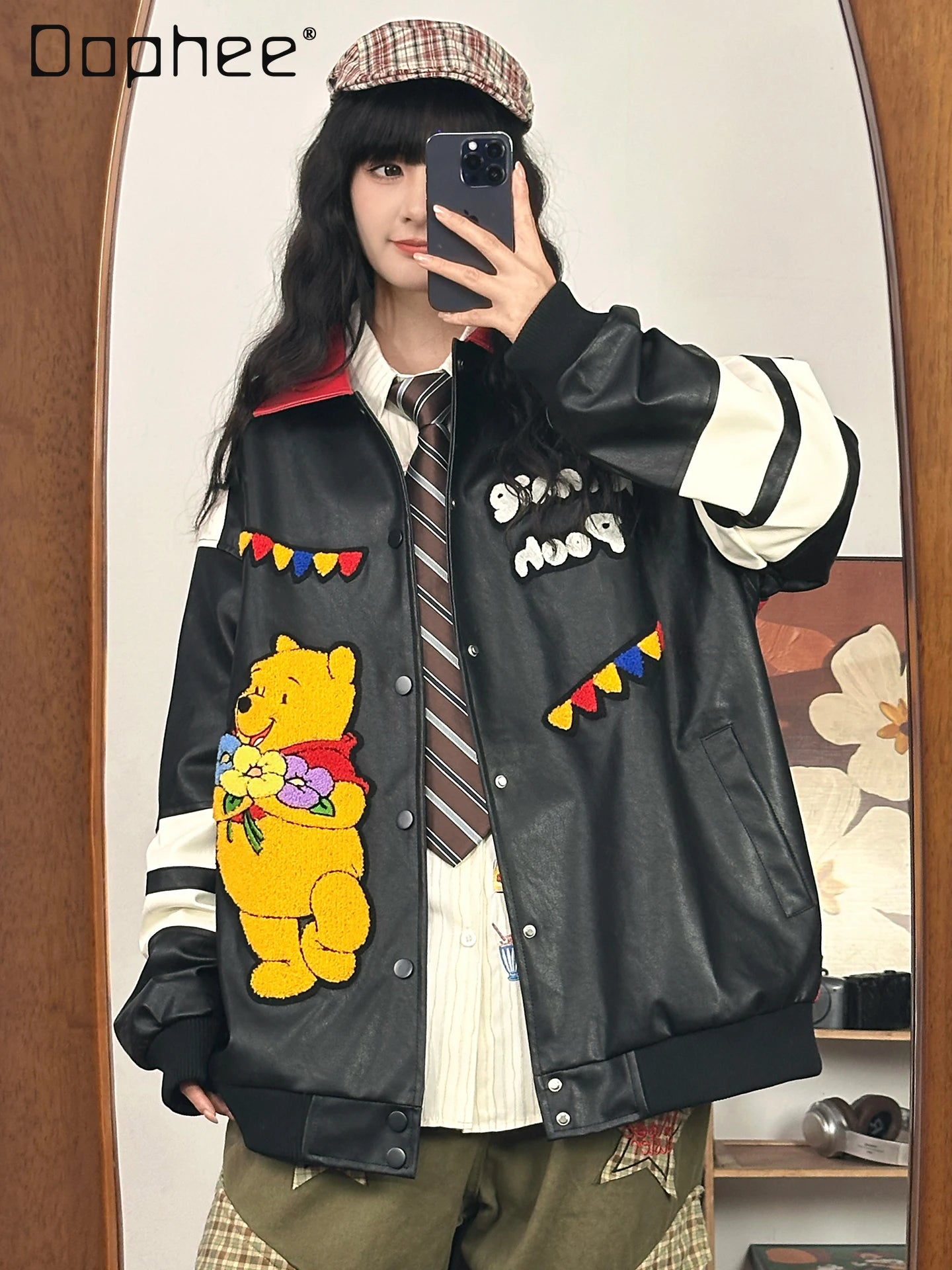 American Retro Bear PU Leather Jacket for Women Autumn and Winter Casual Loose Top Loose-Fitting Casual Couple Leather Jacke