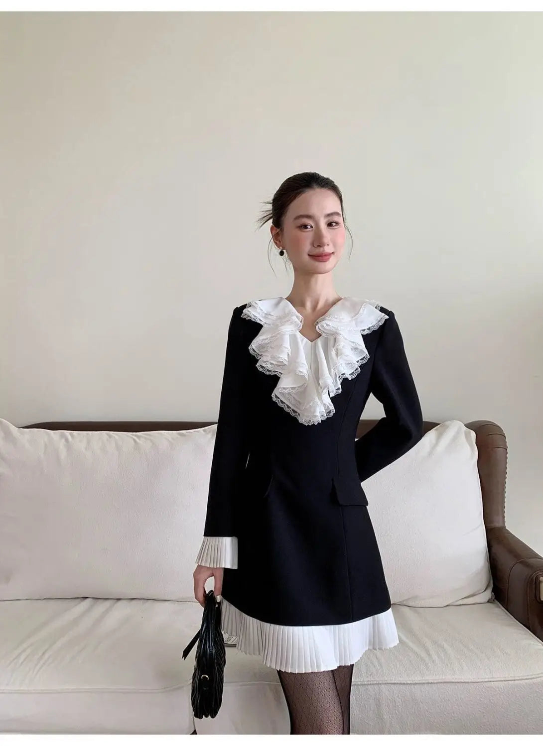 Cascading Ruffle Leaf Edge Collar Midi Dress for Women