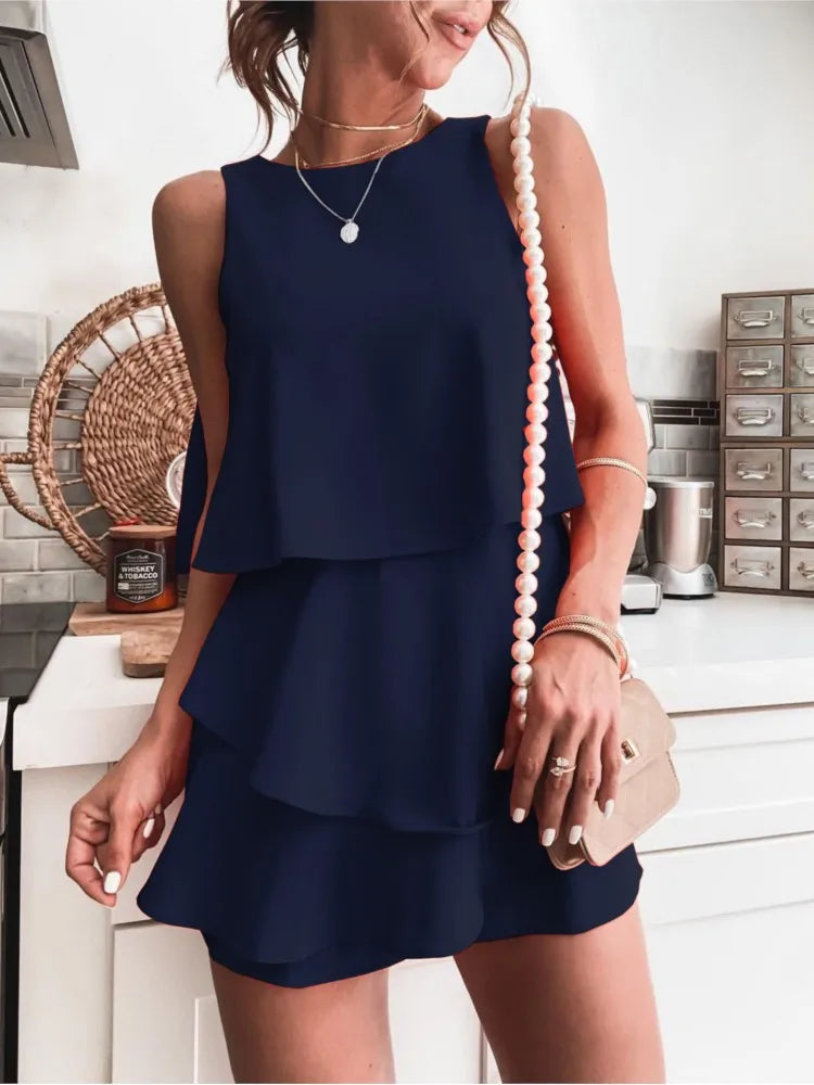 Irregular Layered Sleeveless O Neck Short Jumpsuit for Women