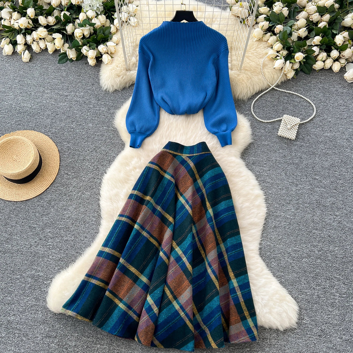 Plaid Knitted Sweater and Long Skirt Two Piece Set for Women