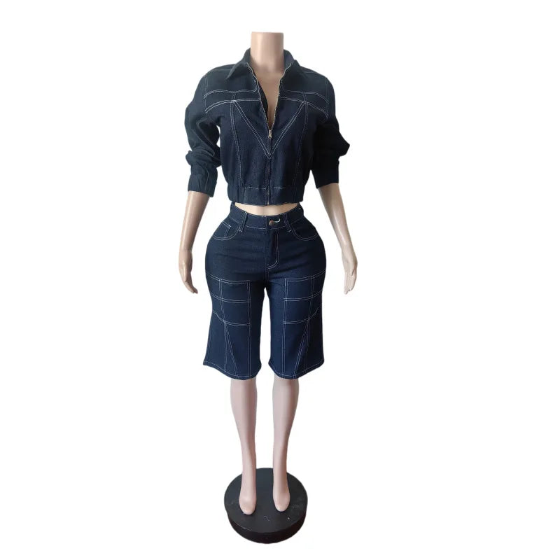Casual Streetwear Denim Jacket and Shorts Set for Women