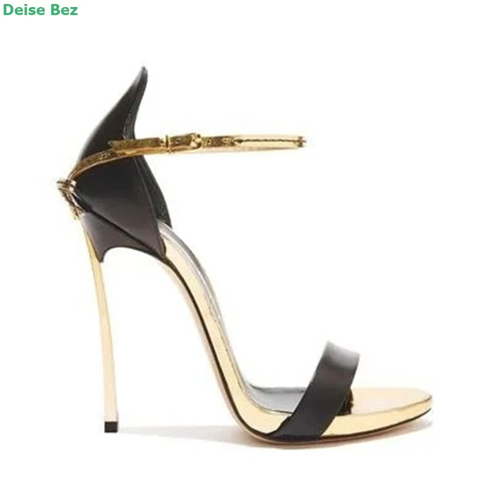 Elegant Black Metal Heel Ankle Strap Sandals For Women