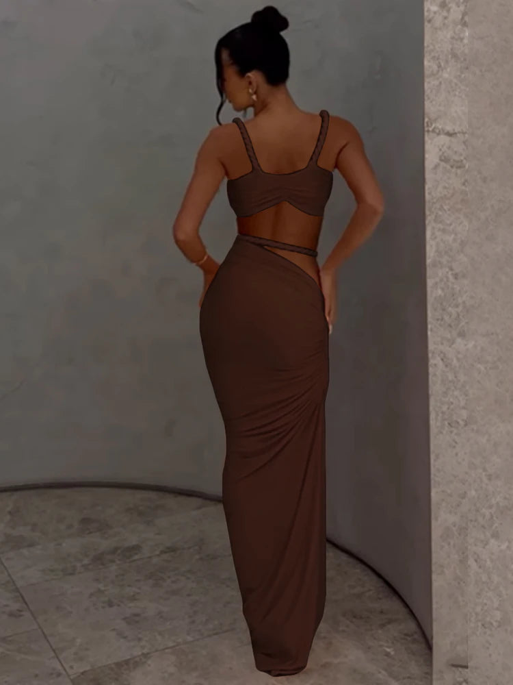 Woven Pleated Crop Top and Maxi Skirt Two Piece Set for Women