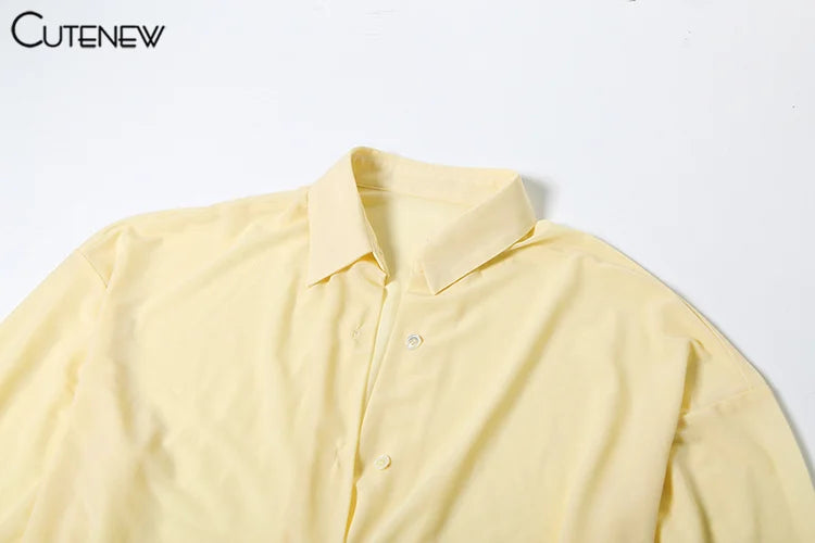Cutenew Solid Classic Women Blouse Dress Sexy Thin See Through Full Sleeve Lapel Single Breasted Pleated Mini Vestido Streetwear