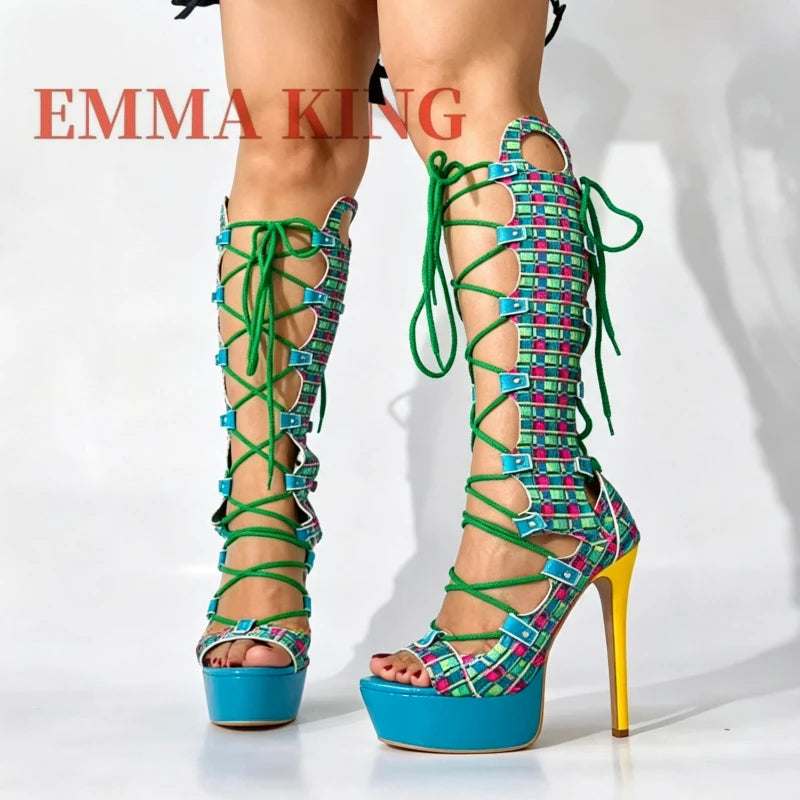 Multicolor Plaid Hollow Out Gladiator Sandals for Women
