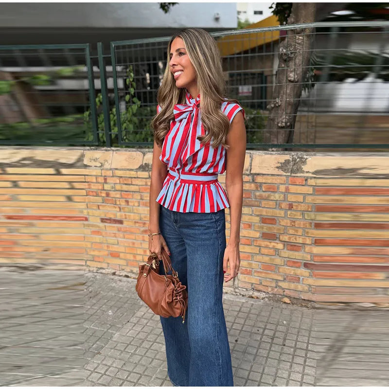 Beach Striped Print Sleeveless Backless Top for Women