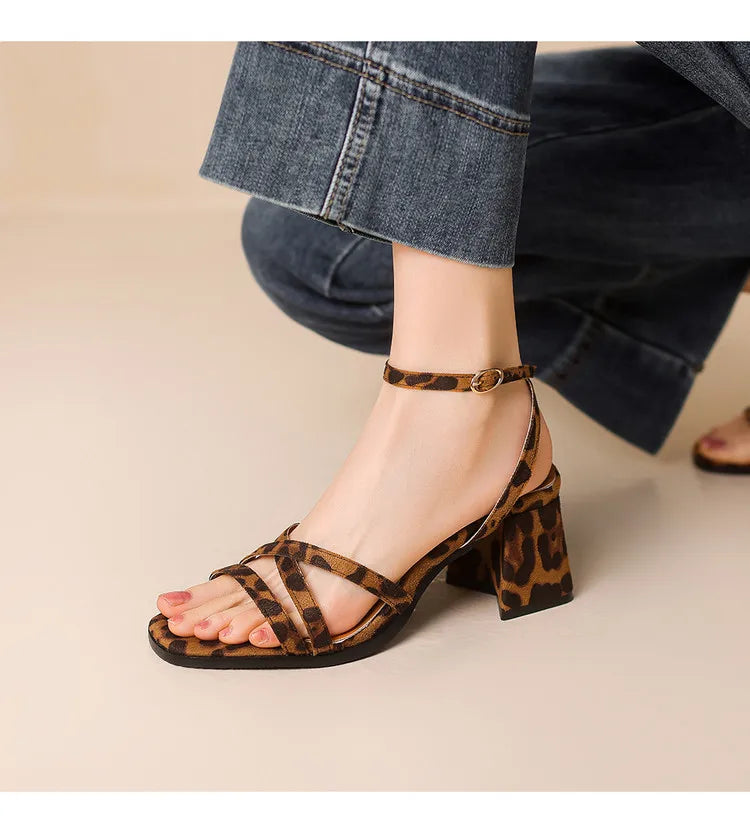Leopard Print Square Heel Sandals