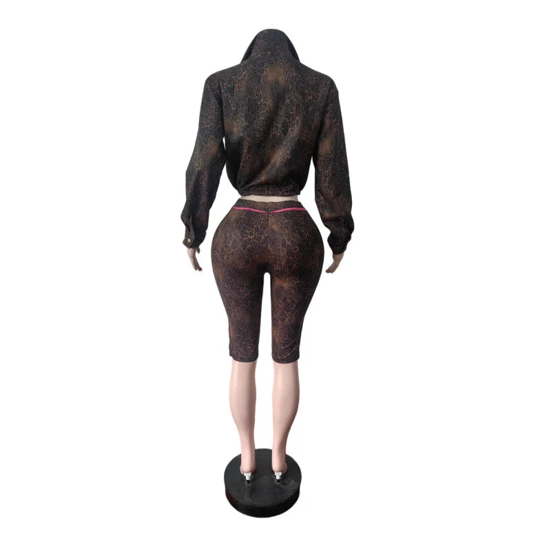 Leopard Print Jacket And Shorts Two Piece Set for Women