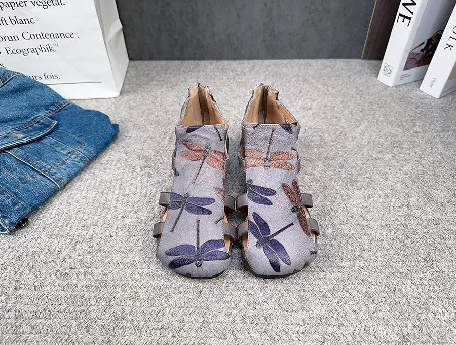 Flat Printed Genuine Leather Roman Sandals for Women