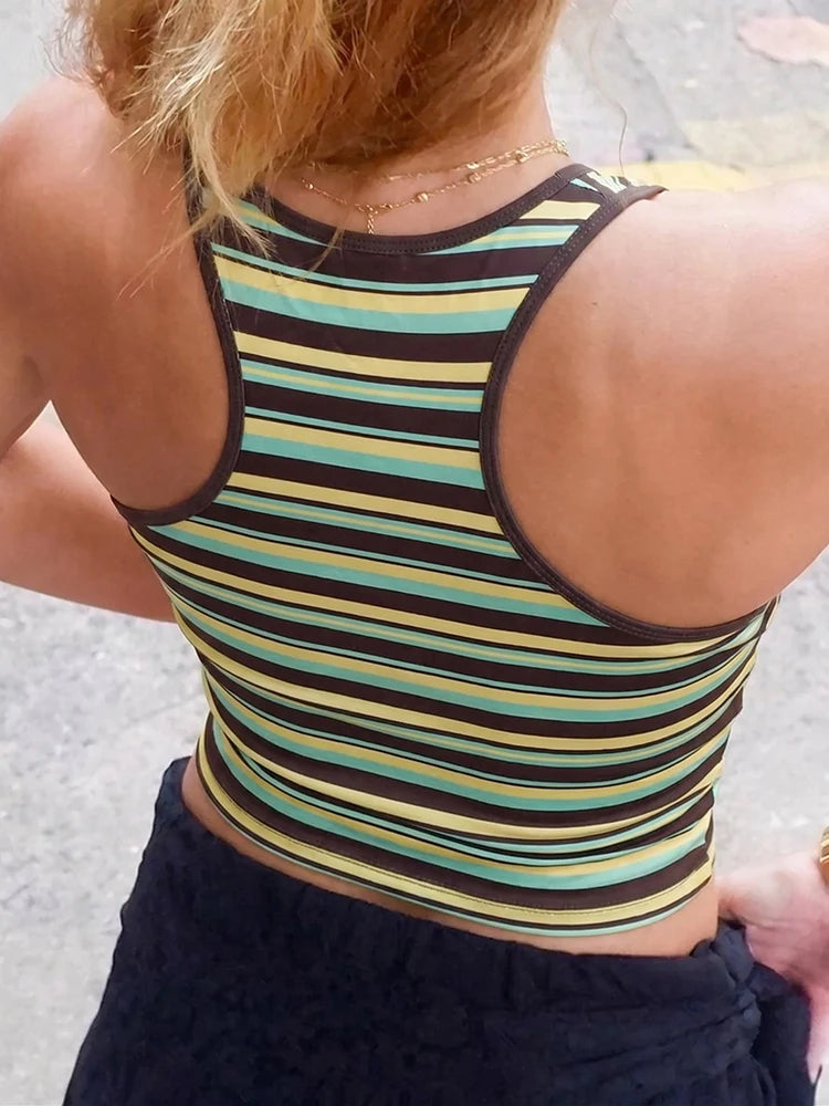 Striped Patchwork Stretch Backless Tank Top for Women