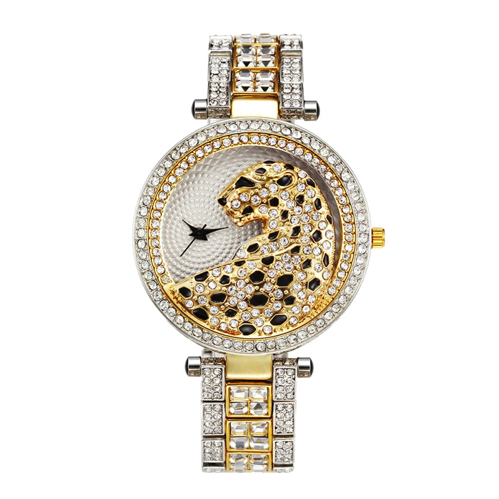 MISSFOX Women Quartz Watch Fashion Bling Casual Ladies Watches Female Quartz Gold Watch Crystal Diamond Leopard For Women Clock