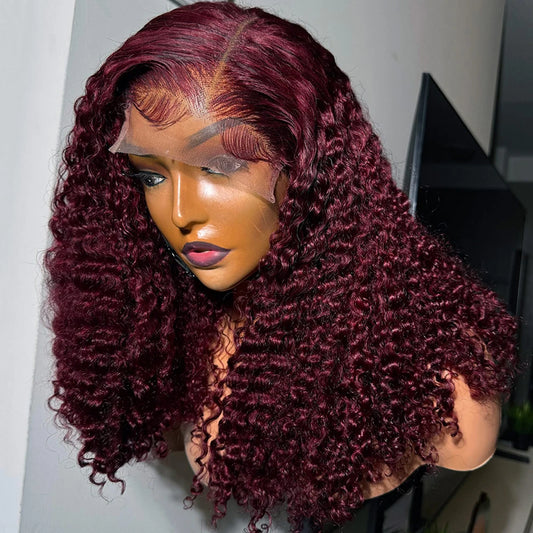Burgundy 99J Deep Wave Bob Wigs Glueless Human Hair Short Kinky Curly Wig 13x6 Lace Front Wig For Women 13x4 HD Lace Front Wigs