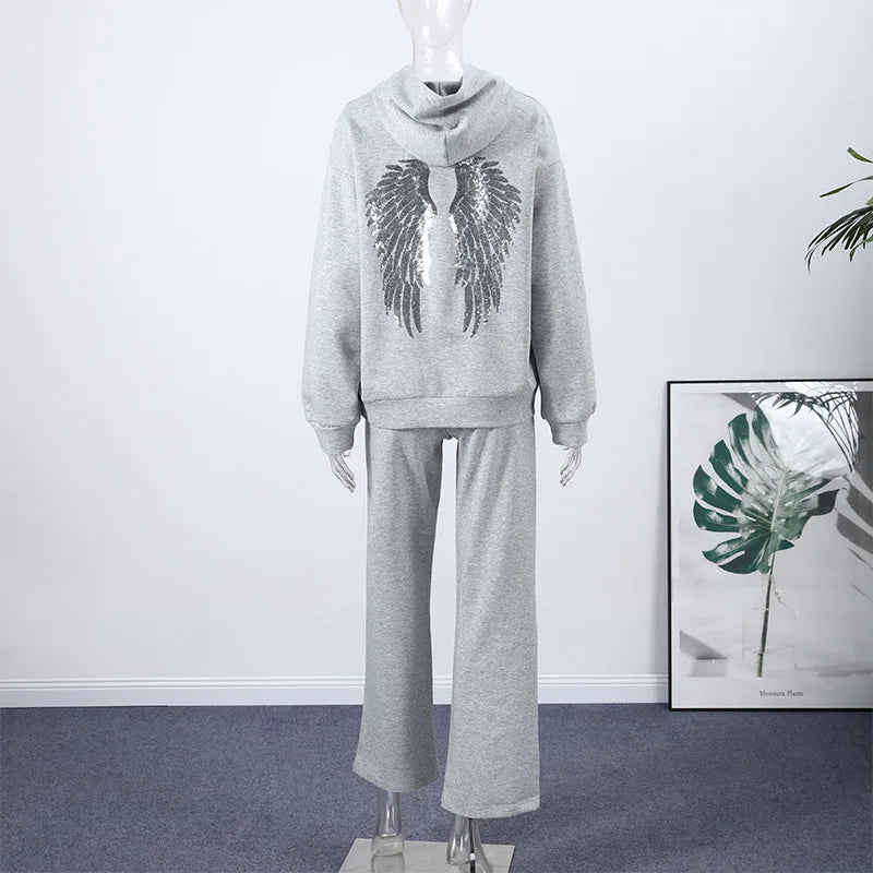 Sequin Wing Design Hooded Sweatshirt Pants Set For Women