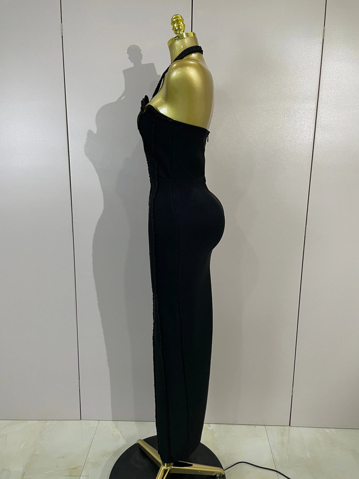 Sexy Beaded Scalloped Halter Black Bodycon Long Bandage Dress Women Elegant Birthday Wedding Guest Celebrate Evening Club Gown