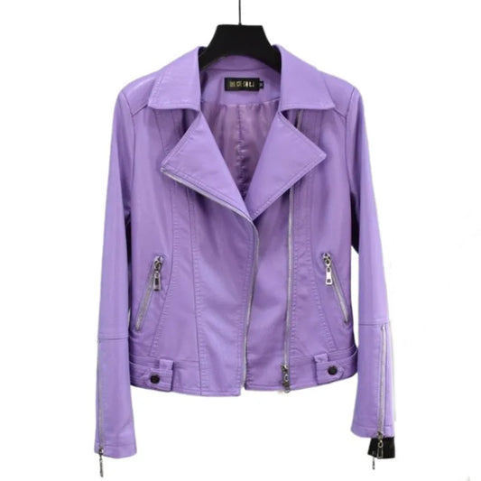 Purple Leather Jacket Women's Short Coat Slim Spring and Autumn Short Clothing