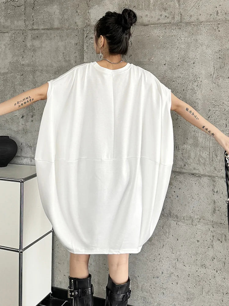 Black And White Loose Fit Cotton Mini Dress for Women