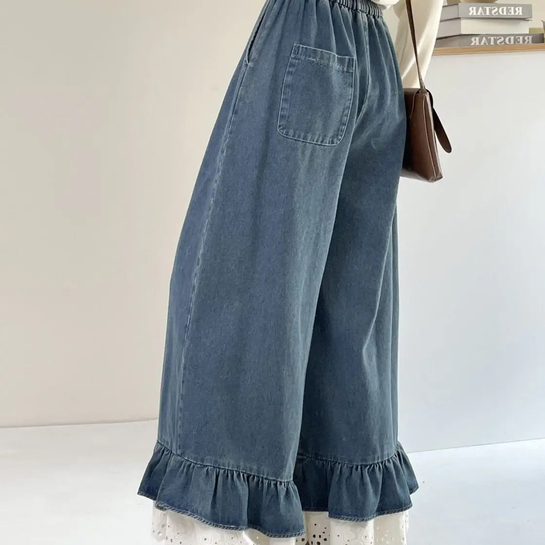 Relaxed Fit Elastic Waist Wide Leg Denim Jeans For Women
