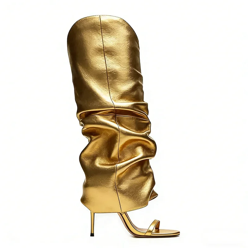 Pointed Toe Knee High Thin Heel Leather Boots for Women