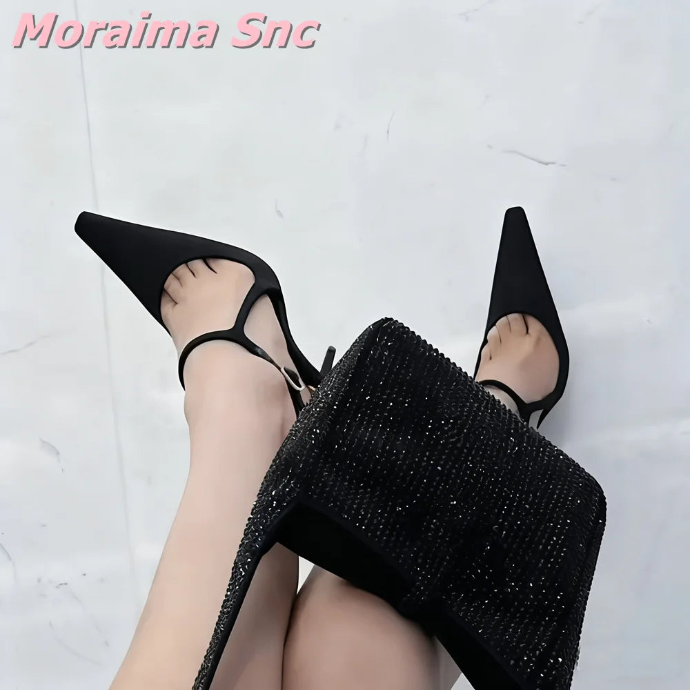Black Satin Pointed Toe Ankle Strap Stiletto Sandals For Women