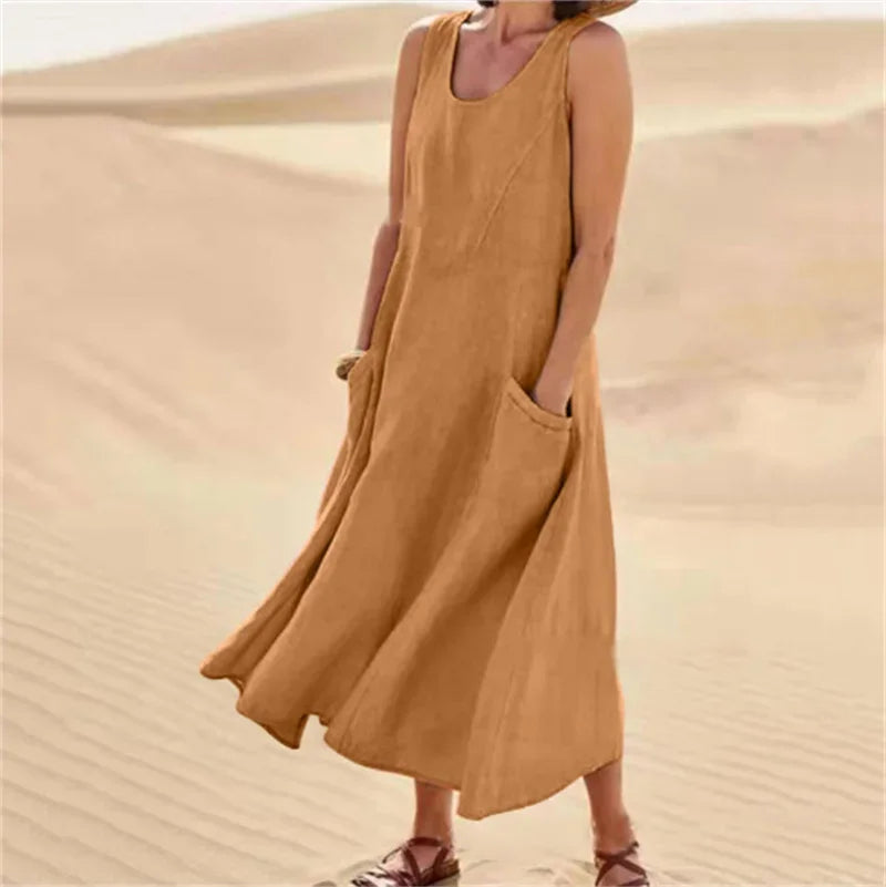 Casual Sleeveless Midi Dress With Side Pockets For Women